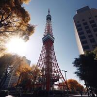 tokyo toren in dichtbij omhoog visie met Doorzichtig blauw lucht, beroemd mijlpaal van Tokio, Japan. generatief ai. foto