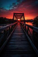 houten plank loopbrug leidend naar een mooi zonsondergang Aan de meer. generatief ai. foto