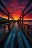 houten plank loopbrug leidend naar een mooi zonsondergang Aan de meer. generatief ai. foto