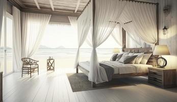 strand slaapkamer interieur - modern en luxe vakantie, 3d veroorzaken, genereren ai foto
