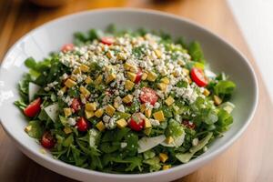 vers salade met groen olijven, feta kaas en kers tomaten in een schaal. gezond salade. generatief ai foto