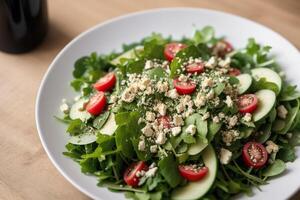 vers salade met groen olijven, feta kaas en kers tomaten in een schaal. gezond salade. generatief ai foto