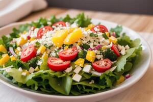 vers salade met groen olijven, feta kaas en kers tomaten in een schaal. gezond salade. generatief ai foto