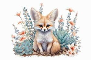 schattig baby fennec vos met bloemen achtergrond. ai gegenereerd foto