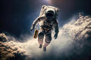 ruimtewandeling. astronaut stappen in de leegte. ai gegenereerd foto