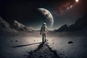 avonturen van een ruimtevaarder Bij maan. ai gegenereerd foto
