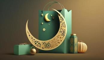 boodschappen doen tas, geschenk doos, lantaarn, goud halve maan maan Aan groen achtergrond. ontwerp concept van Islamitisch viering dag Ramadan kareem of eid al fitr adha, 3d illustratie, genereren ai foto