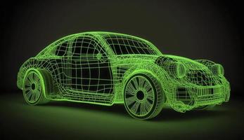 uitgebreid realiteit van wireframe auto concept Aan de weg en futuristische stad Aan de achtergrond. professioneel 3d renderen van eigen ontworpen algemeen niet bestaande auto model, genereren ai foto