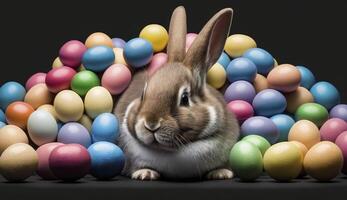 gelukkig Pasen konijn met veel kleurrijk Pasen eieren. generatief ai. foto