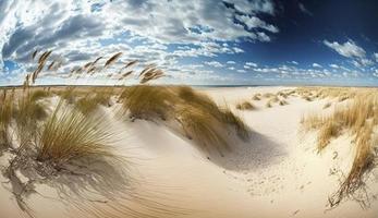 zand duinen panorama met strand gras, genereren ai foto