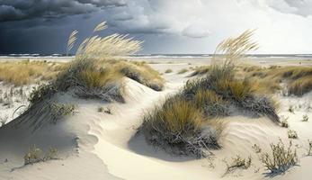 zand duinen panorama met strand gras, genereren ai foto