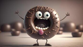 grappig chocola donut tekenfilm karakter. generatief ai. foto