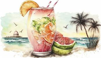 grapefruit zomer cocktail Aan zee, waterverf stijl illustratie, generatief ai foto