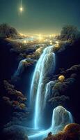 schilderij van een waterval in de midden- van de nacht. generatief ai. foto