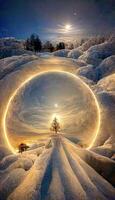 cirkel van licht in de midden- van een besneeuwd landschap. generatief ai. foto