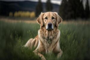 groot bruin hond houdende Aan top van een weelderig groen veld. generatief ai. foto