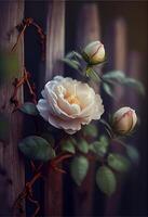 wit roos zittend Aan top van een houten schutting. generatief ai. foto