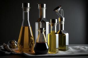 flessen van olijf- olie en azijn Aan een tafel. generatief ai. foto