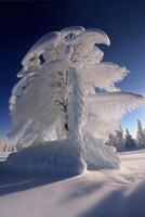 sneeuw gedekt boom in de midden- van een besneeuwd veld. generatief ai. foto