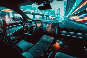 kunstmatig intelligentie- beheert vervoer. technologisch auto zonder een bestuurder. ai en auto- toekomst cyber generatief ai illustratie foto