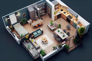 verdieping plan van een huis 3d illustratie, Open leven kamer generatief ai foto