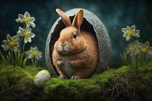 generatief ai illustratie van schattig baby konijn net zo Pasen konijn zittend in Pasen ei net zo Pasen onder boom, achtergrond behang ontwerp foto