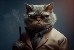 generatief ai illustratie van een kat net zo een maffia baas roken foto