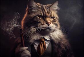 generatief ai illustratie van een kat net zo een maffia baas roken foto