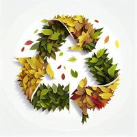 generatief ai illustratie van tekenfilm recycle symbool gemaakt van bladeren wit achtergrond foto