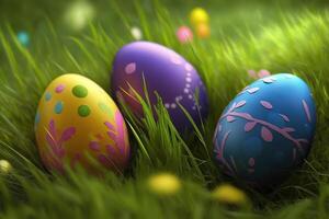 generatief ai illustratie van kleurrijk Pasen eieren Aan gras achtergrond, heel mooi foto
