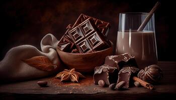 generatief ai illustratie van kaneel, donker chocola met melk en snoep zoet, kopiëren ruimte, selectief focus foto