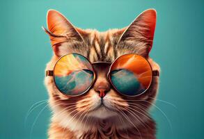 generatief ai illustratie van detailopname portret van grappig kat vervelend zonnebril geïsoleerd Aan pastel achtergrond. surrealistische fantasie, copyspace foto