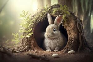 generatief ai illustratie van schattig baby konijn net zo Pasen konijn zittend in Pasen ei net zo Pasen onder boom, achtergrond behang ontwerp foto