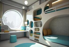 generatief ai illustratie van futuristische interieur ontwerp, ontwerp een slaapkamer voor twee kinderen, met een stapelbed bed. foto