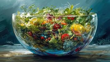 overvloedig tafel gevulde met geassorteerd fruit en groenten, een kleurrijk Scherm van gezond aan het eten, generatief ai. foto