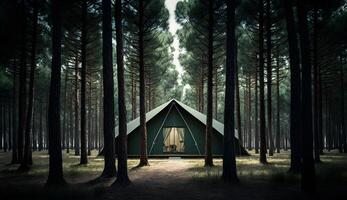 zomer kamp in de pijnboom bos, uitzicht van camping tenten tussen de pijnboom bomen ,generatief ai foto