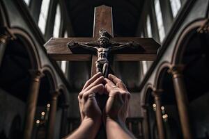 kerk priester houdt religieus kruis in handen. generatief ai foto