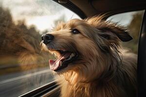 gelukkig hond looks uit van auto venster. weg reis met hond. generatief ai foto