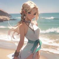 mooi blond anime meisje Aan de strand in groen jurk generatief ai foto