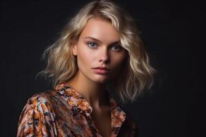 portret van een modieus Europese meisje met lang blond haar. studio licht. donker achtergrond. generatief ai foto