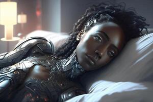 een zwart, Afro-Amerikaans, met een donkere huid vrouw robot leugens in bed in de slaapkamer. generatief ai foto