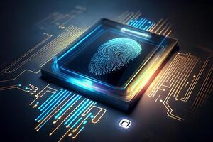 vingerafdruk scannen, biometrisch identificatie en veiligheid Log in. generatief ai foto