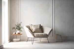 interieur van een modern leven kamer met een minimalistische fauteuil. generatief ai foto