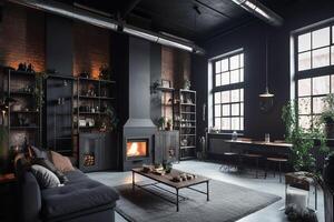 interieur van de leven kamer, zolder in een industrieel stijl. generatief ai foto