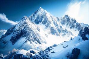 hoog bergen met een gletsjer, de tops van de bergen gedekt met sneeuw. berg landschap. generatief ai foto