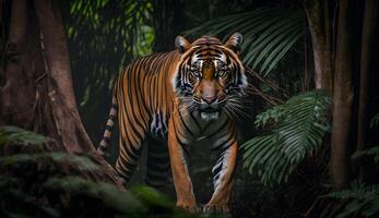 sumatran tijger op zoek Bij de camera, tijger wandelen in tropisch Woud behoud .generatief ai foto