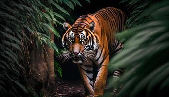 sumatran tijger op zoek Bij de camera, tijger wandelen in tropisch Woud behoud .generatief ai foto