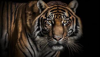 sumatran tijger op zoek Bij de camera, tijger Aan zwart achtergrond .generatief ai foto