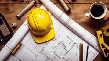 bouw plannen met geel helm en tekening gereedschap Aan blauwdruk bouw gereedschap Aan de tafel ai generatief foto