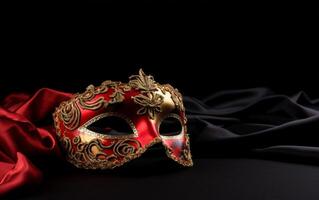 Venetiaanse masker in goud en rood kleur Aan rood zijde ai generatief foto
